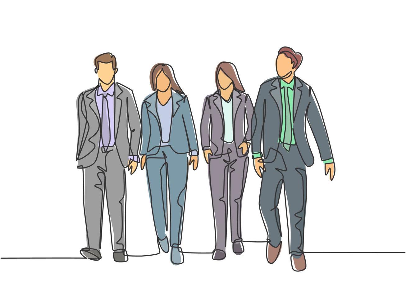 Single continuous line drawing of young businessman and businesswoman walking and talking together on office lobby. Urban commuter workers concept one line draw design vector illustration