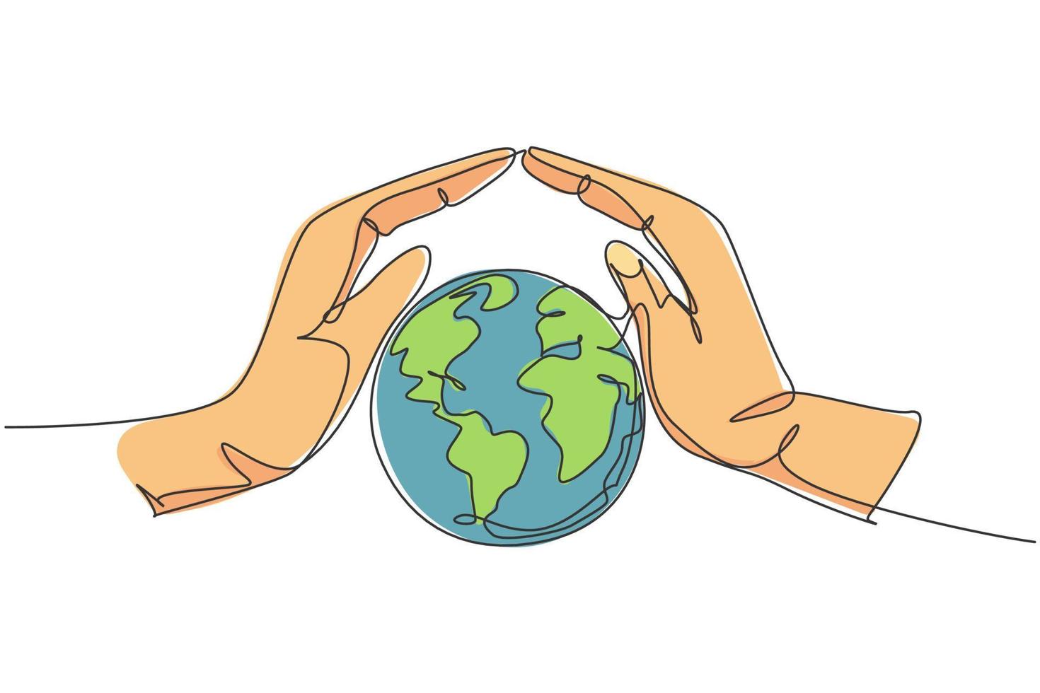 Single one line drawing of hand protect earth. Nature icon silhouette for environment concept. Infographics, community presentation isolated on white background. Design vector graphic illustration