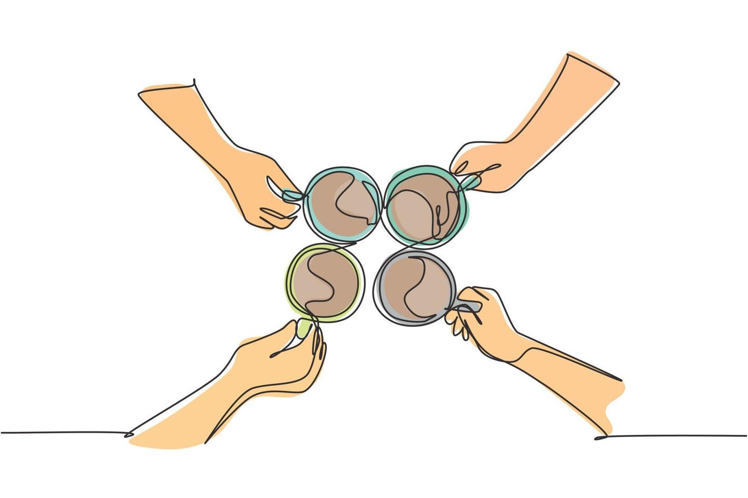 One continuous line drawing of young male and female business people team members hands cheering with glass of coffee from top view. Single line draw design graphic vector illustration