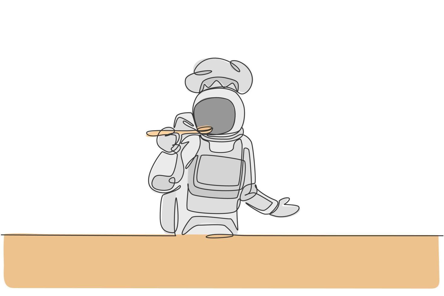 One continuous line drawing of young astronaut chef taste soup sauce while cooking dish for dinner. Healthy cuisine food menu on restaurant concept. Dynamic single line draw design vector illustration