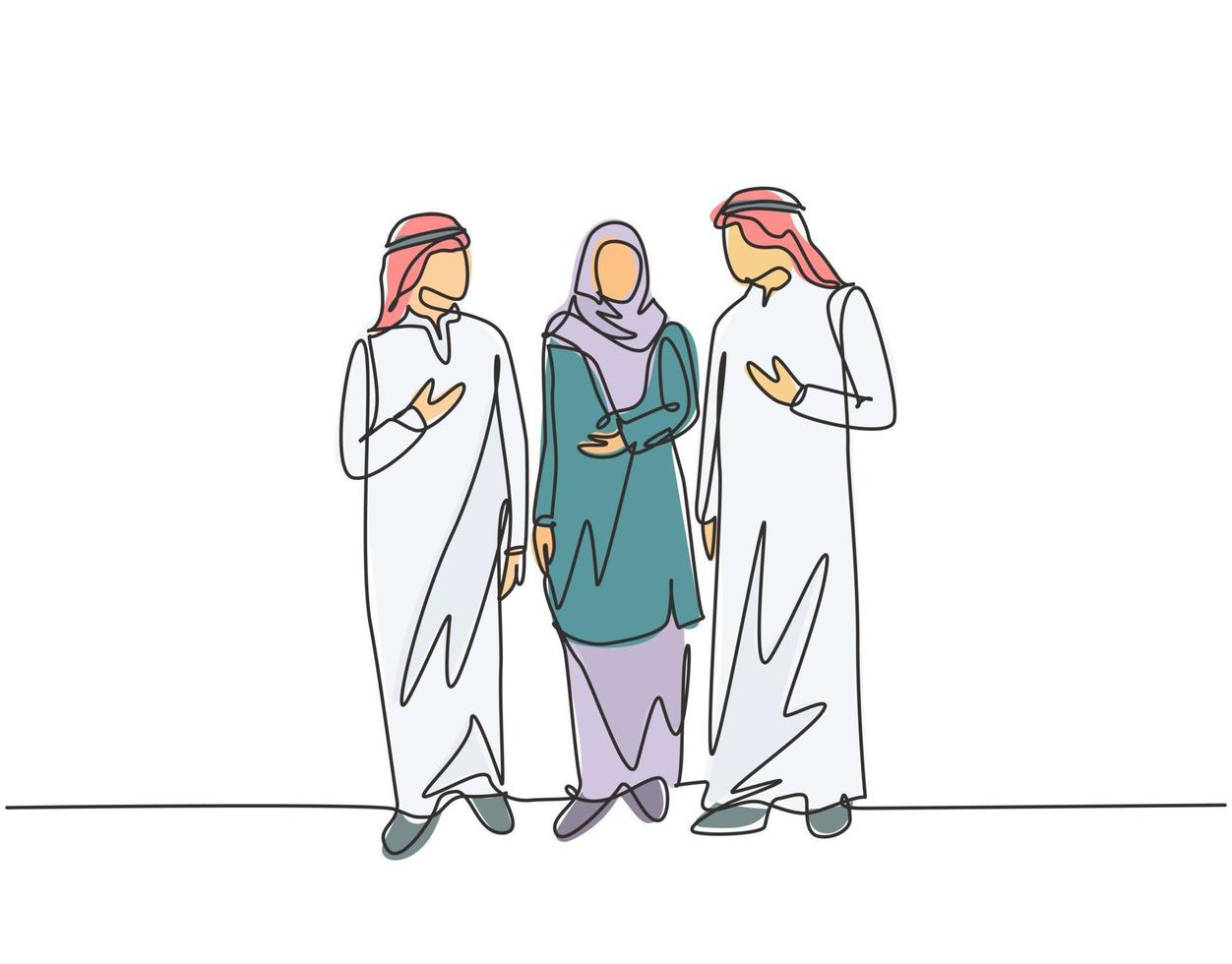 One single line drawing of young urban muslim commuter walking together at city street. Saudi Arabia cloth shmag, headscarf, thobe, ghutra, hijab, veil. Continuous line draw design vector illustration