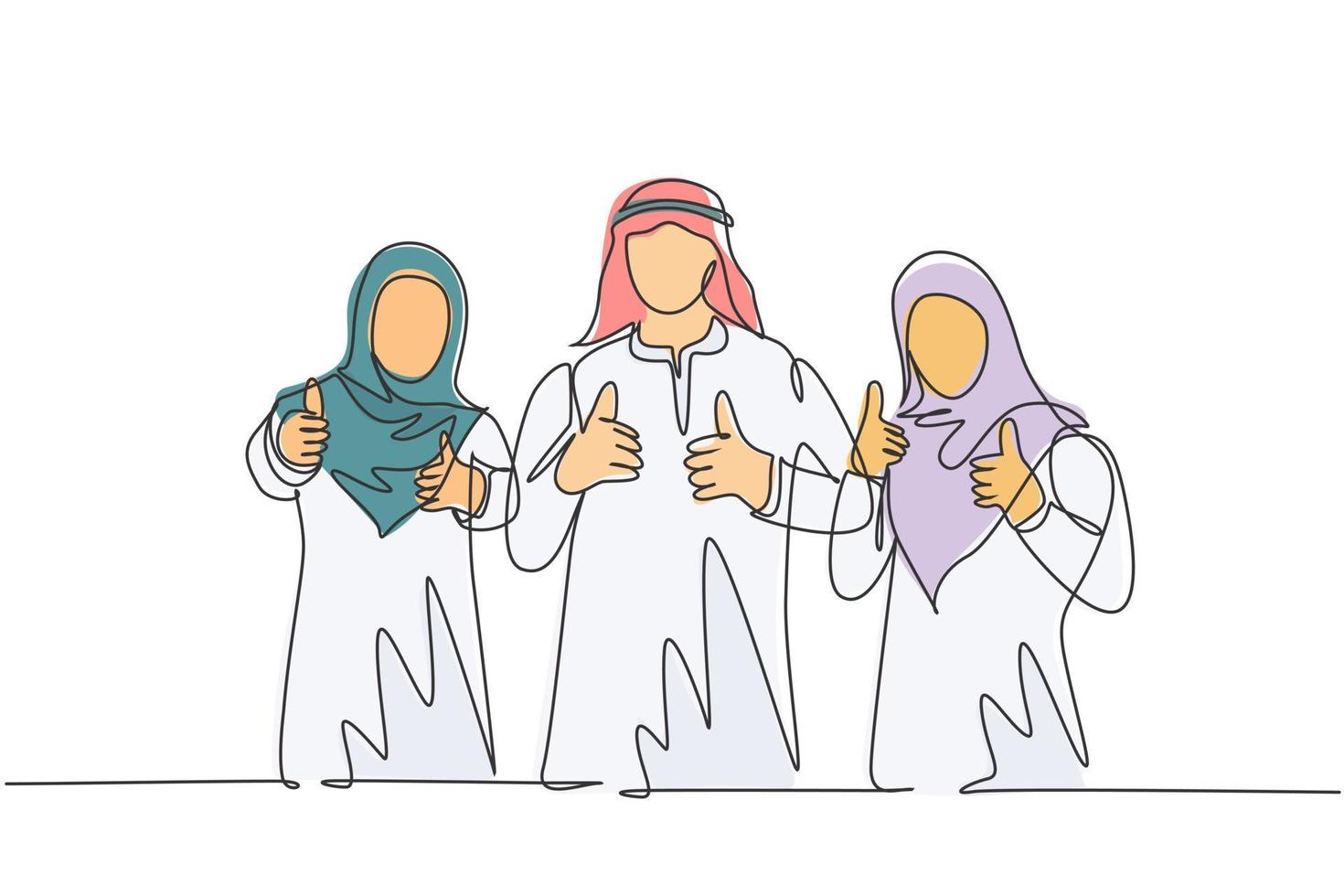 Single continuous line drawing of young muslim general manager with his assistants giving thumb up gestures. Arab middle east cloth kandura, thawb, robe. One line draw design vector illustration