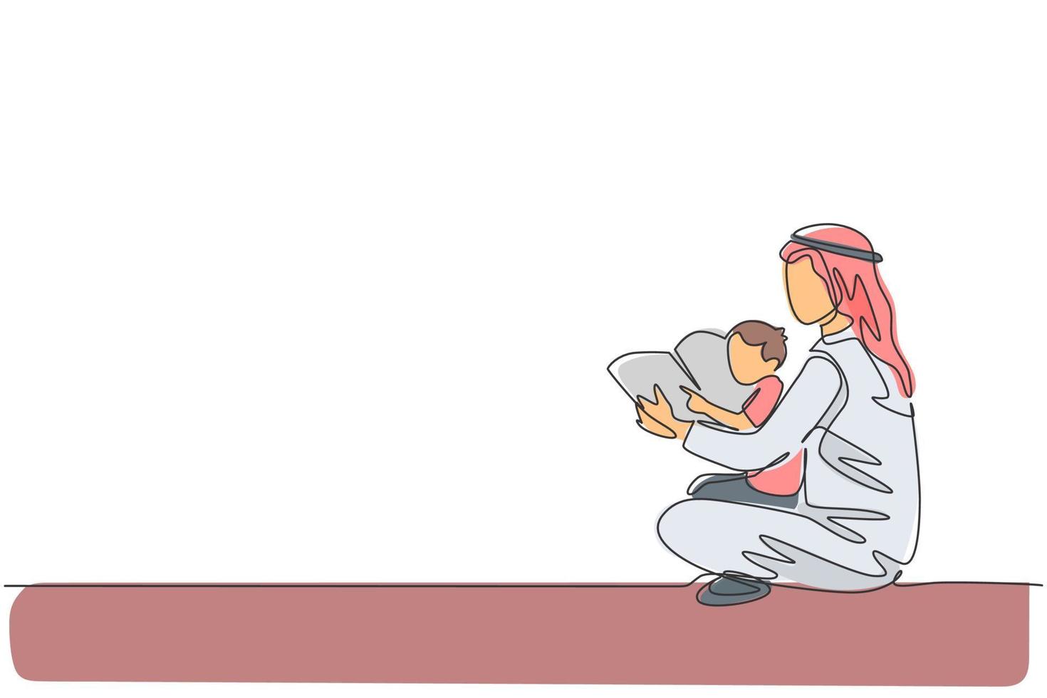 One continuous line drawing of young Islamic father and son read story book together on the floor. Happy Arabian loving parenting family concept. Dynamic single line draw design vector illustration