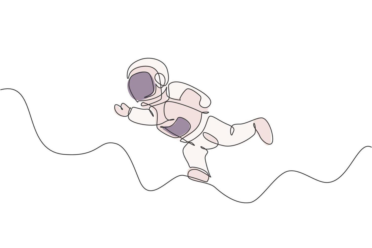 One single line drawing of young astronaut in spacesuit flying at outer space vector graphic illustration. Spaceman adventure galactic space concept. Modern continuous line draw design