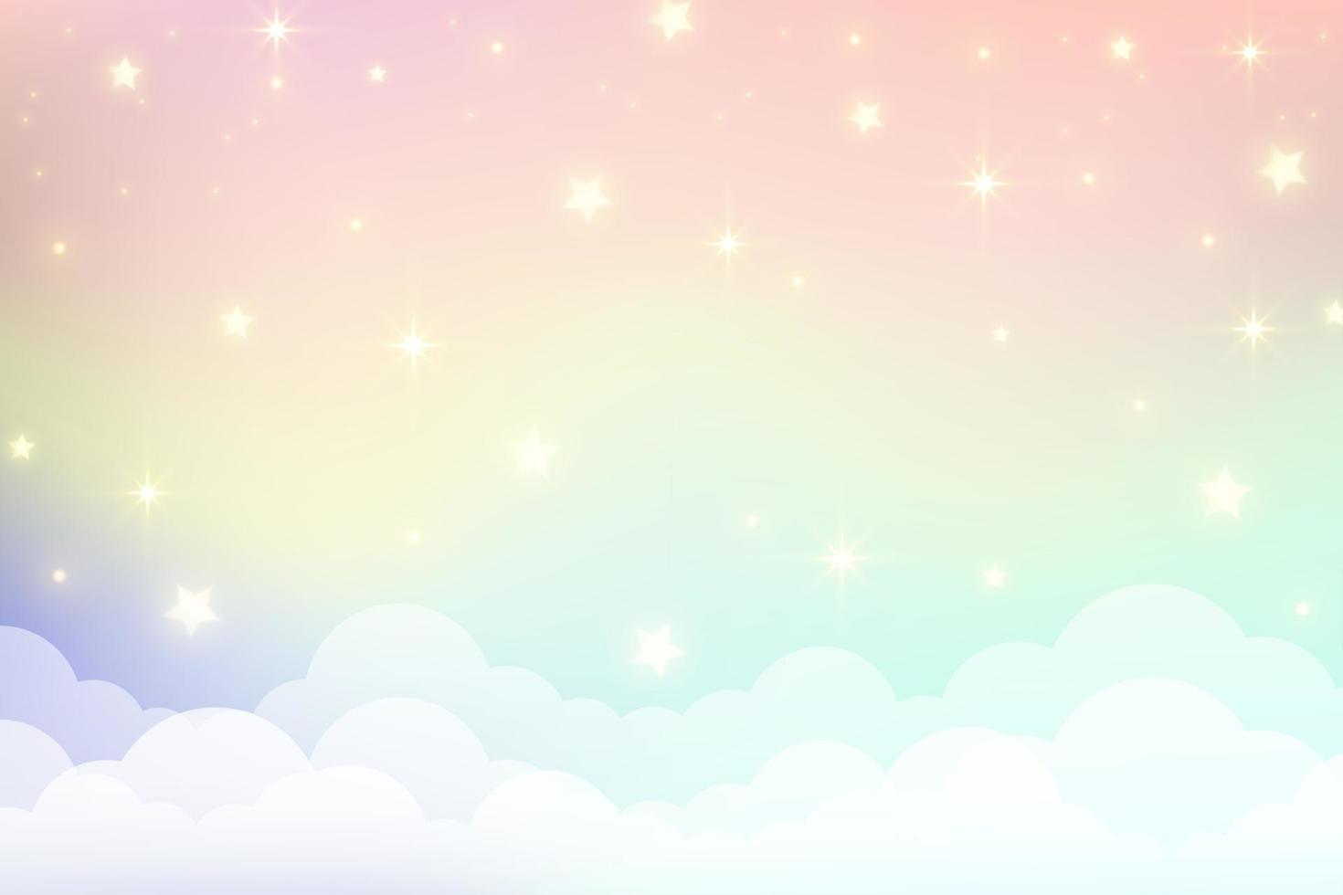 Holographic fantasy rainbow unicorn background with clouds and stars. Pastel color sky. Magical landscape, abstract fabulous pattern. Cute candy wallpaper. Vector. vector