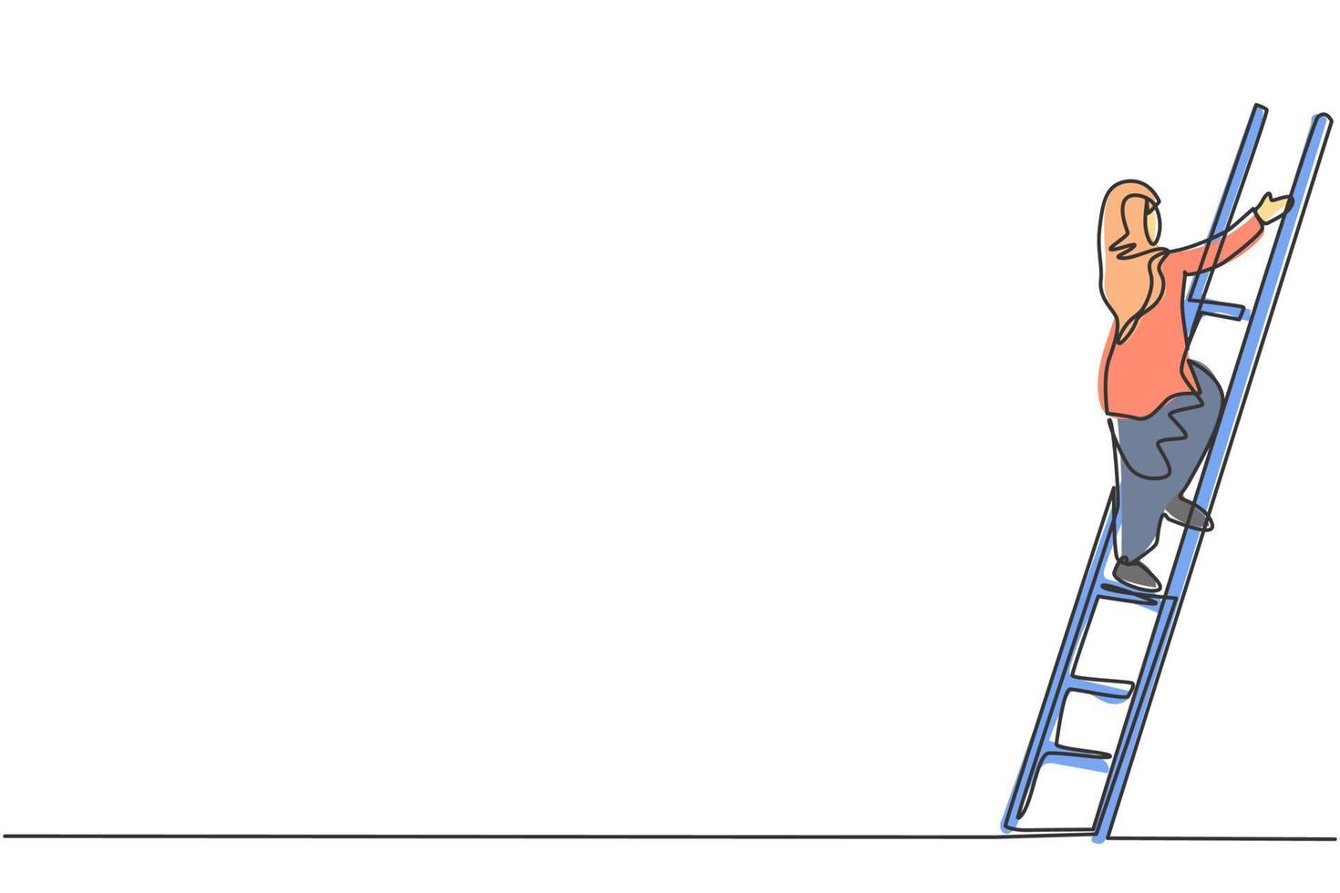 Single one line drawing of young smart Arab business woman climb the ladder up carefully, metaphor. Business growth minimal concept. Modern continuous line draw design graphic vector illustration