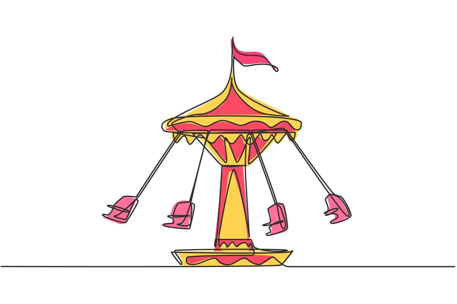 Continuous one line drawing wave swinger in the amusement park with four seats and a flag above. The passengers can swing around in the sky. Single line drawing design, vector graphic illustration.