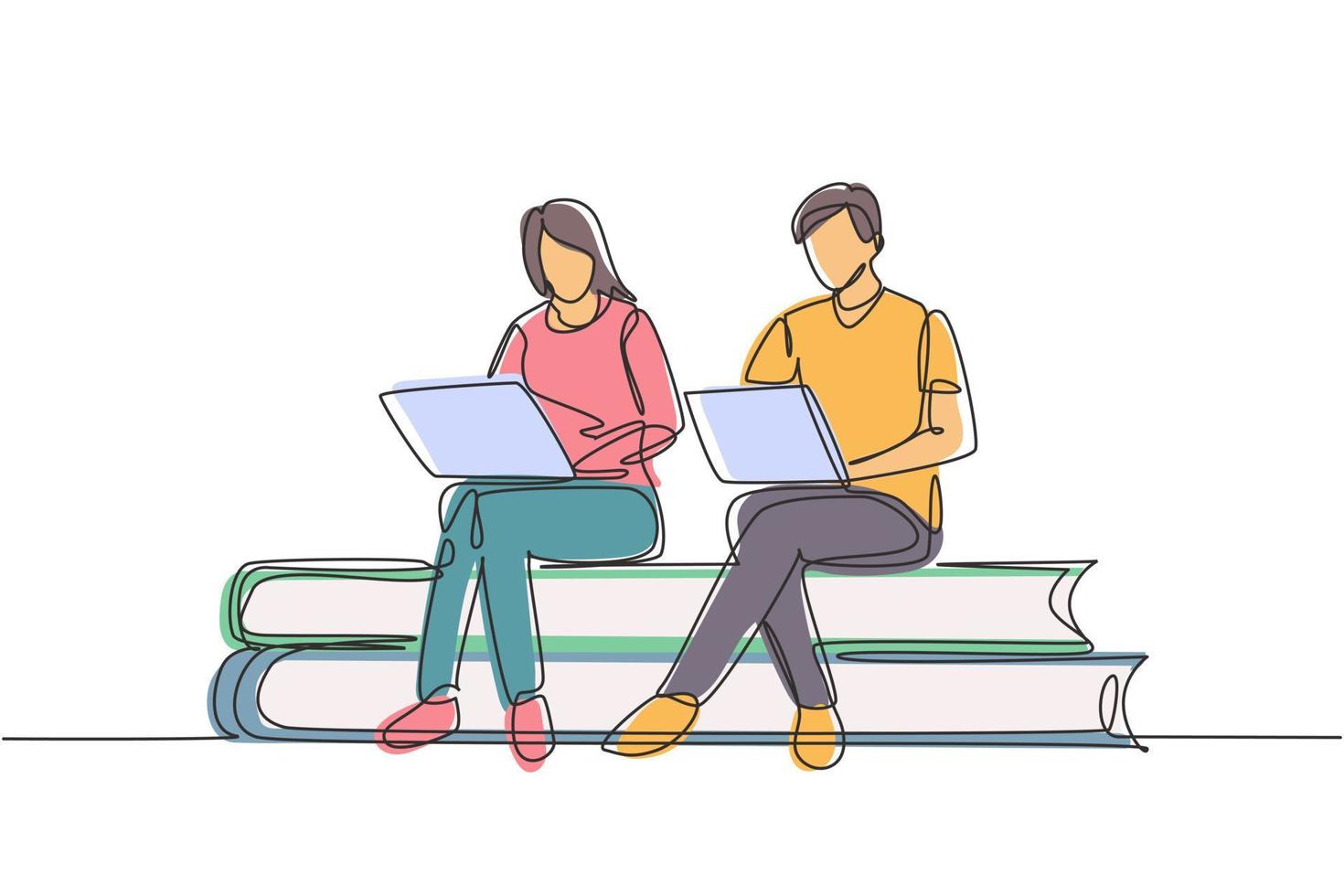 Single one line drawing couple with laptop sitting on pile of books together. Freelance, distance learning, online courses, studying concept. Continuous line draw design graphic vector illustration