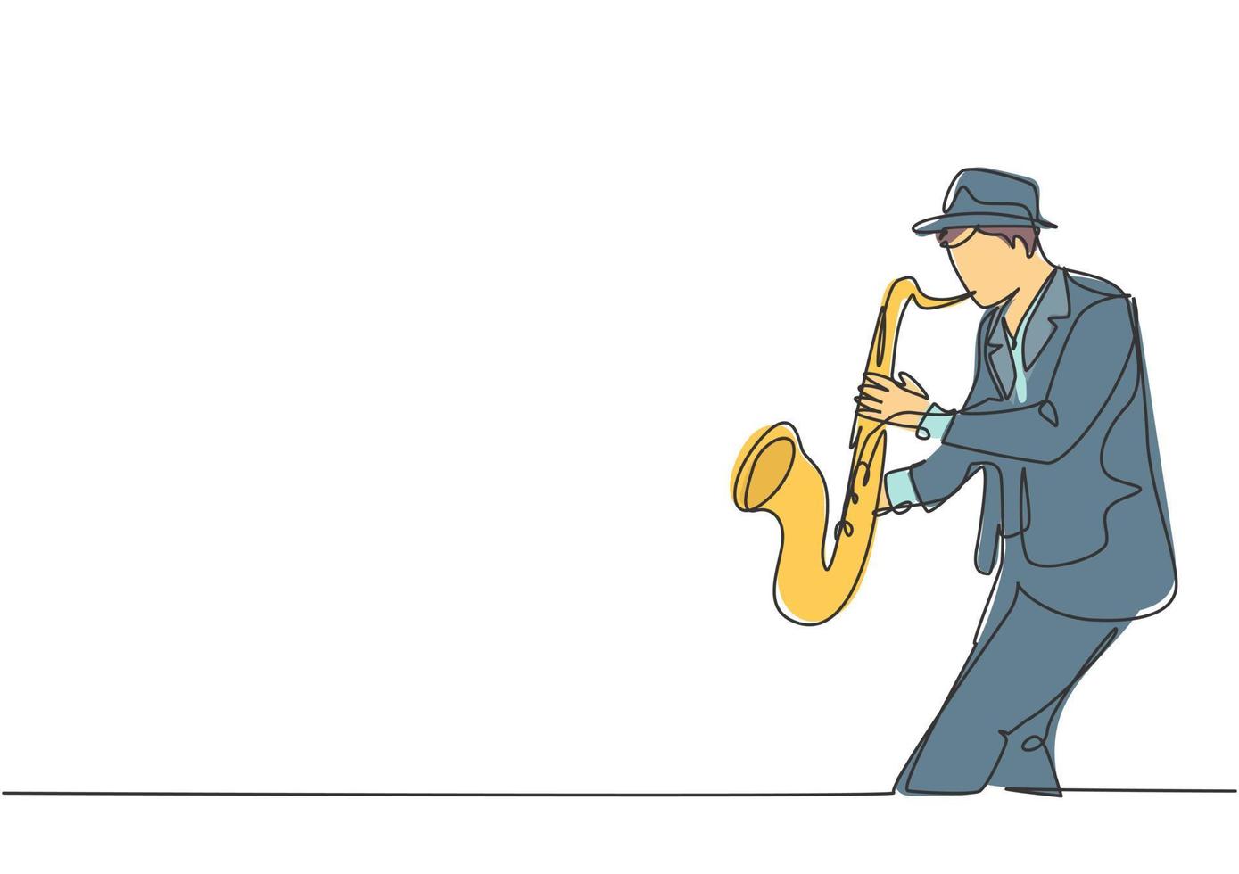 Un dibujo de línea continua del joven saxofonista masculino feliz con sombrero tocando el saxofón en un concierto de música. Ilustración de vector de diseño de dibujo de línea única de concepto de rendimiento de artista músico