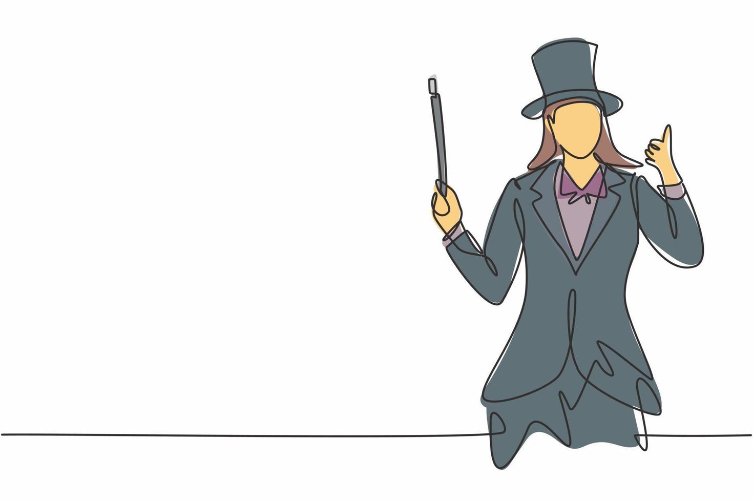 Single one line drawing of female magician with a gesture thumbs up wearing a hat and holding a magic stick ready to entertain the audience. Continuous line draw design graphic vector illustration