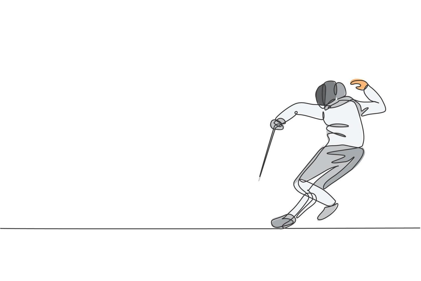 Single continuous line drawing young professional fencer athlete man in fencing mask and rapier. Competitive fighting sport competition concept. Trendy one line draw design graphic vector illustration