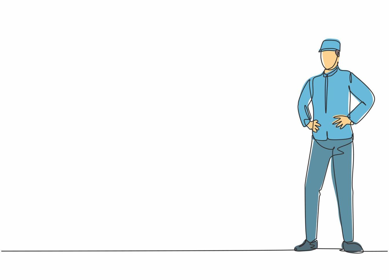 Continuous one line drawing of young handsome doorman pose standing and waiting for hotel guests. Professional job profession minimalist concept. Single line draw design vector graphic illustration