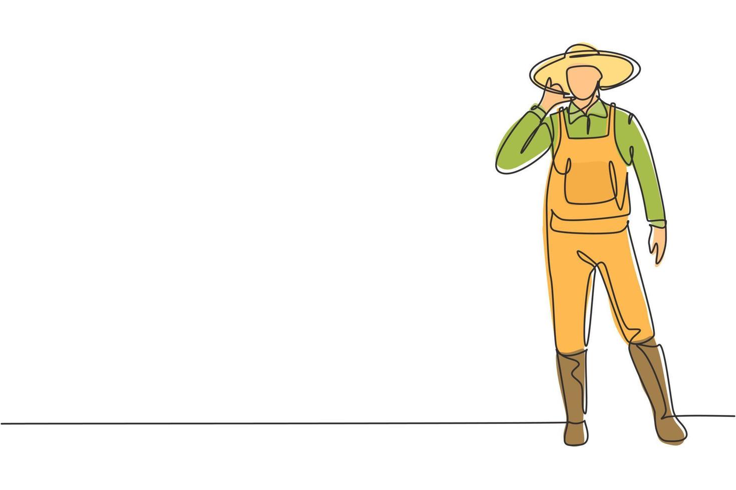 Single continuous line drawing farmer stood with call me gesture, wearing straw hat and uniform to plant crops on farmland. Success business. Dynamic one line draw graphic design vector illustration