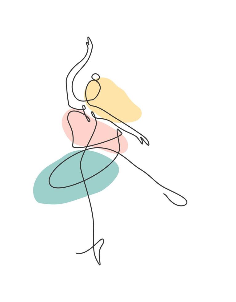 Una sola línea de dibujo ilustración de vector de bailarina de mujer sexy. bailarina de ballet bonita minimalista muestra el concepto de movimiento de danza. Póster de decoración de pared con estampado de moda. diseño gráfico de dibujo de línea continua moderna