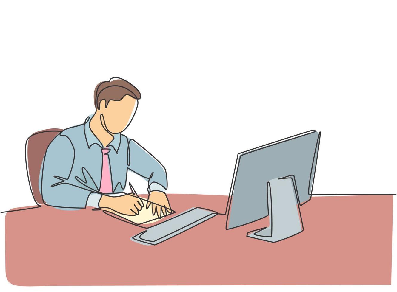 One continuous line drawing of young pensive businessman writing on a sheet of paper and staring at monitor screen at work desk. Business letter concept single line draw design vector illustration