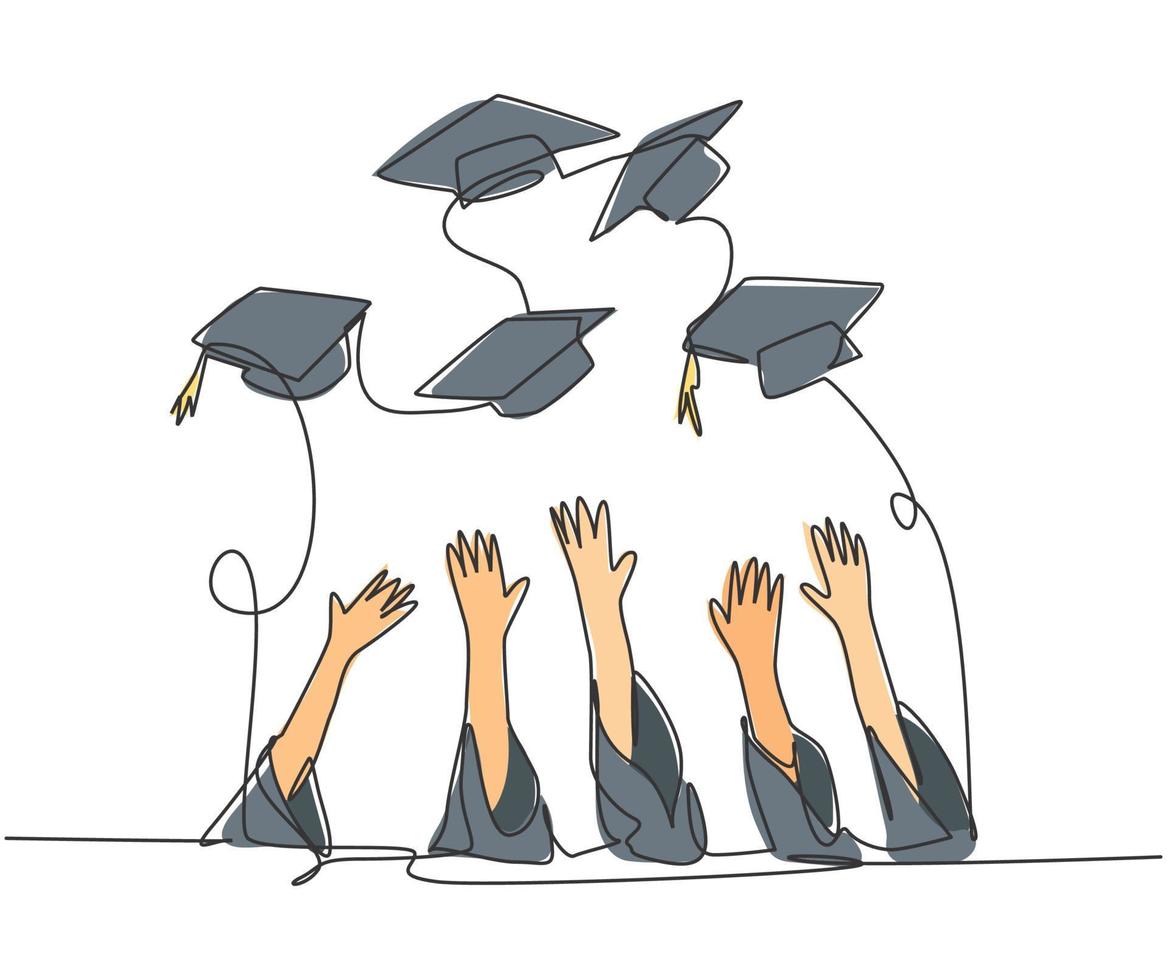 One single line drawing of group of college student throw their cap to the air to celebrate their school graduation. Undergraduate education concept continuous line draw design vector illustration