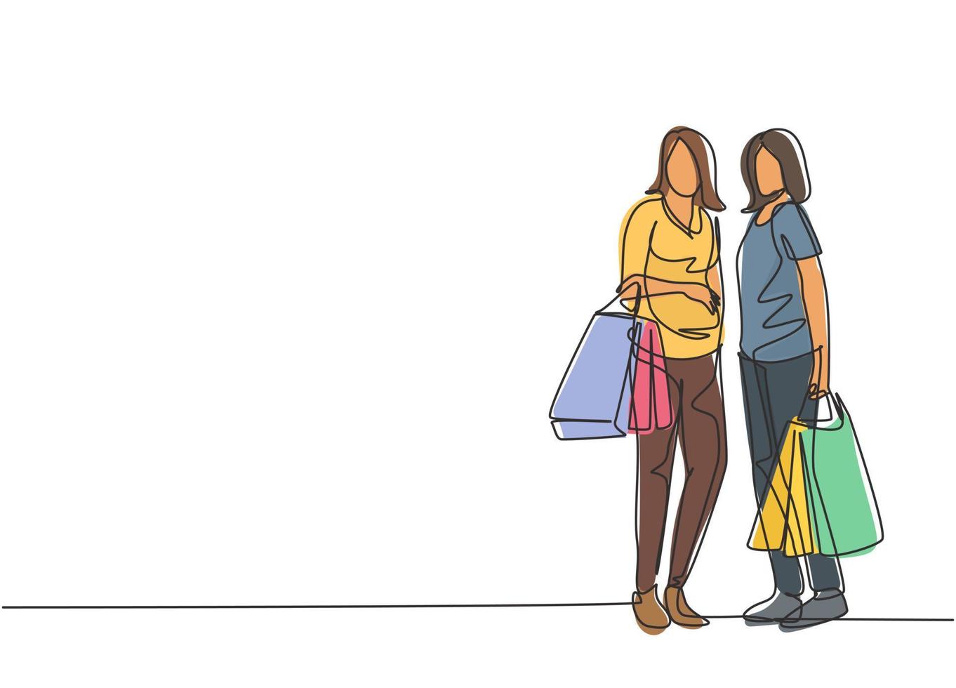 Single continuous line drawing two beauty happy women holding paper bags after shopping clothes, dress, make up, cosmetic at mall. Shopping concept. One line draw vector graphic design illustration