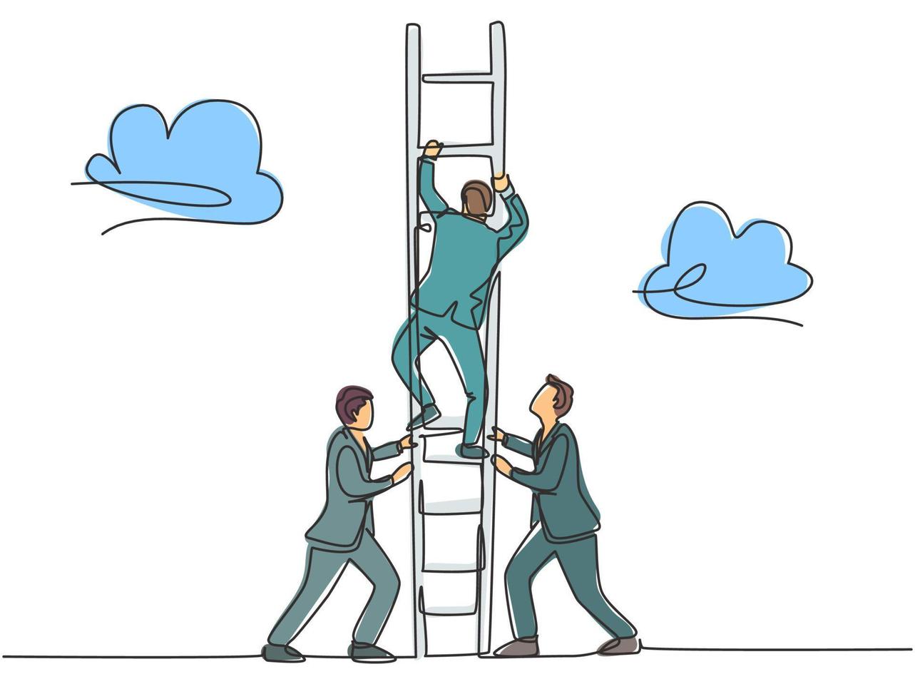 One continuous line drawing of team members support their leader to climb the ladder to reach the sky to reach the success. Trendy business teamwork concept single line draw design vector illustration