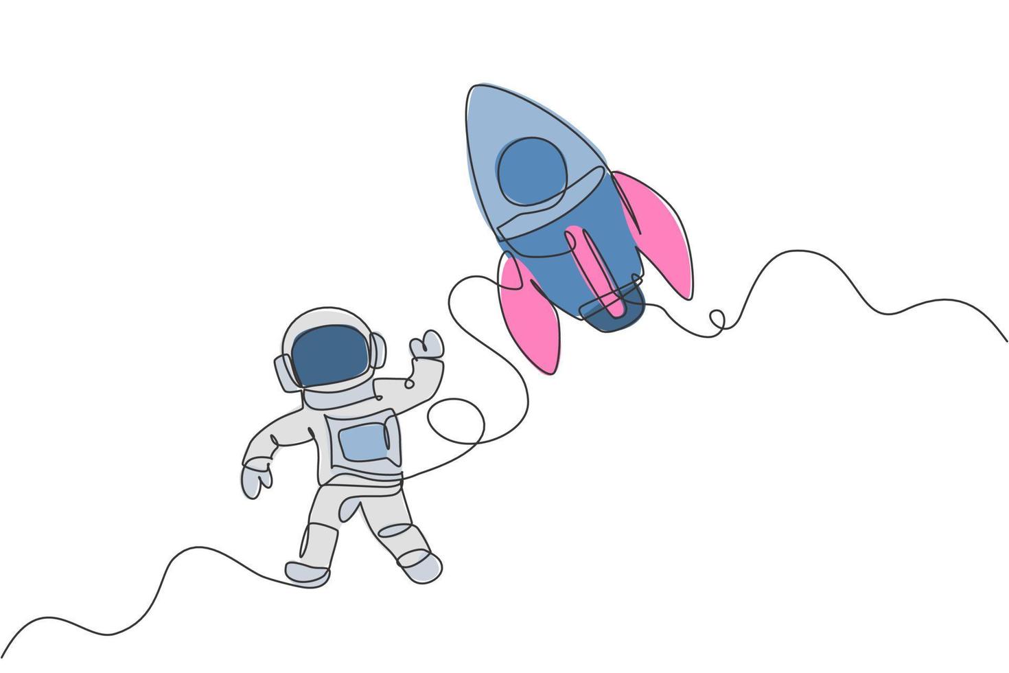 Single continuous line drawing of astronaut in spacesuit flying at outer space with rocket spacecraft. Science milky way astronomy concept. Trendy one line draw graphic design vector illustration