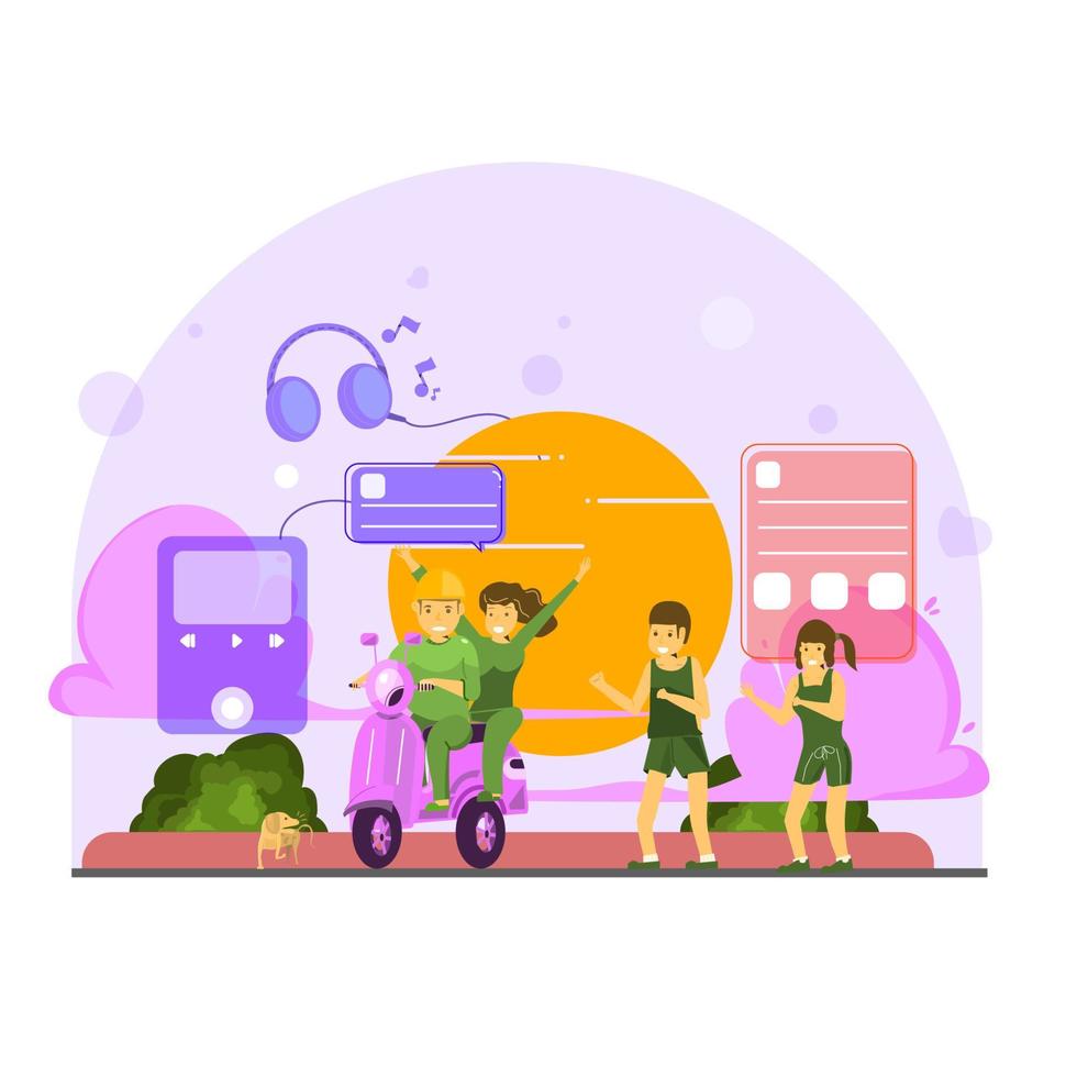 Vector illustration of a group of people riding electric scooter, listening to music in headphones.