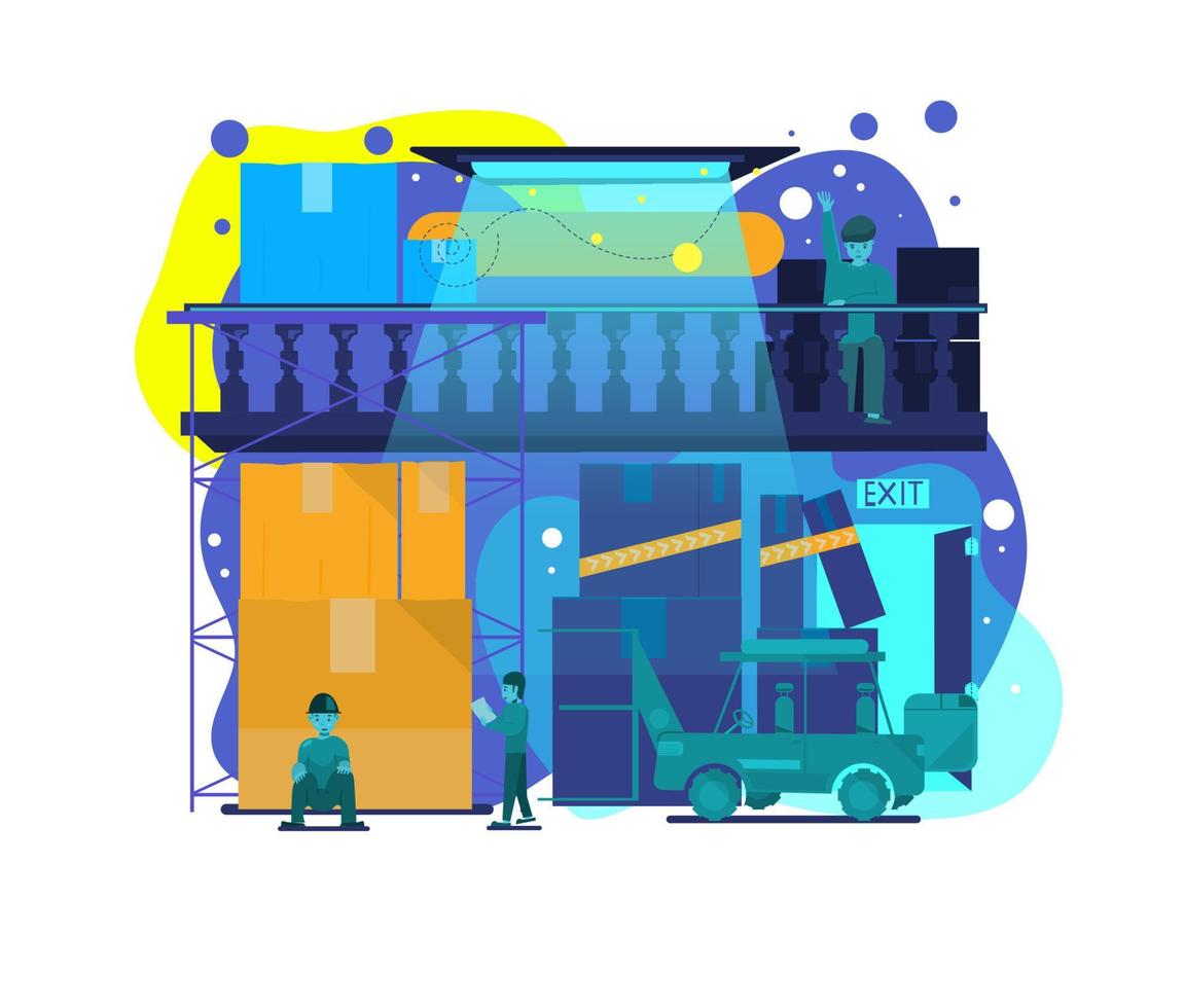 Warehouse concept vector illustration. Flat design of warehouse and workers.