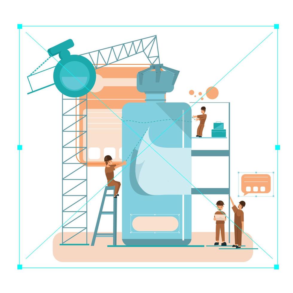 Plastic bottle with water and people at construction site. Flat vector illustration.