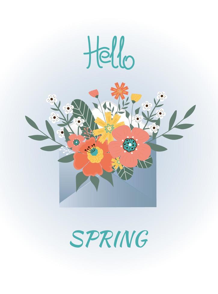 Hello spring. Spring flowers, leaves in envelope on blue background. vector