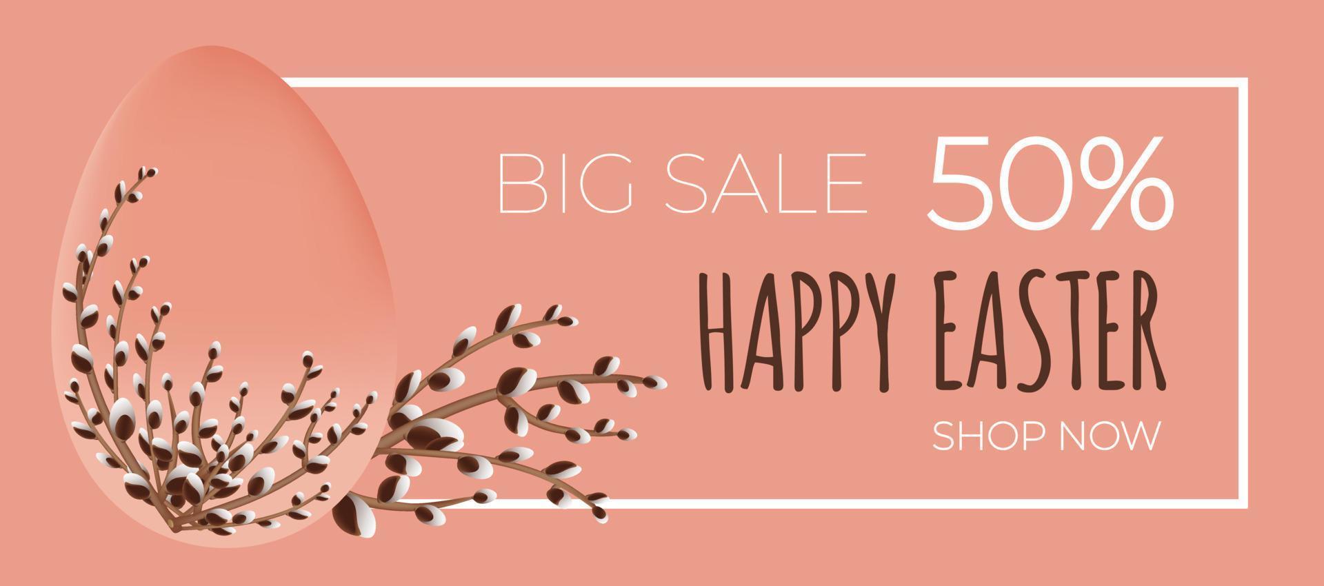 Happy easter sale. Willow branches with the easter egg on pink background. Can be add text. Design for banner, poster, postcard, flyer. EPS10. vector