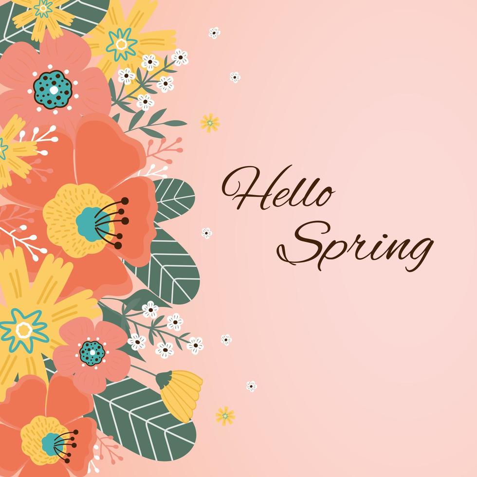 Hello spring. Greeting card with spring flowers, leaves. vector