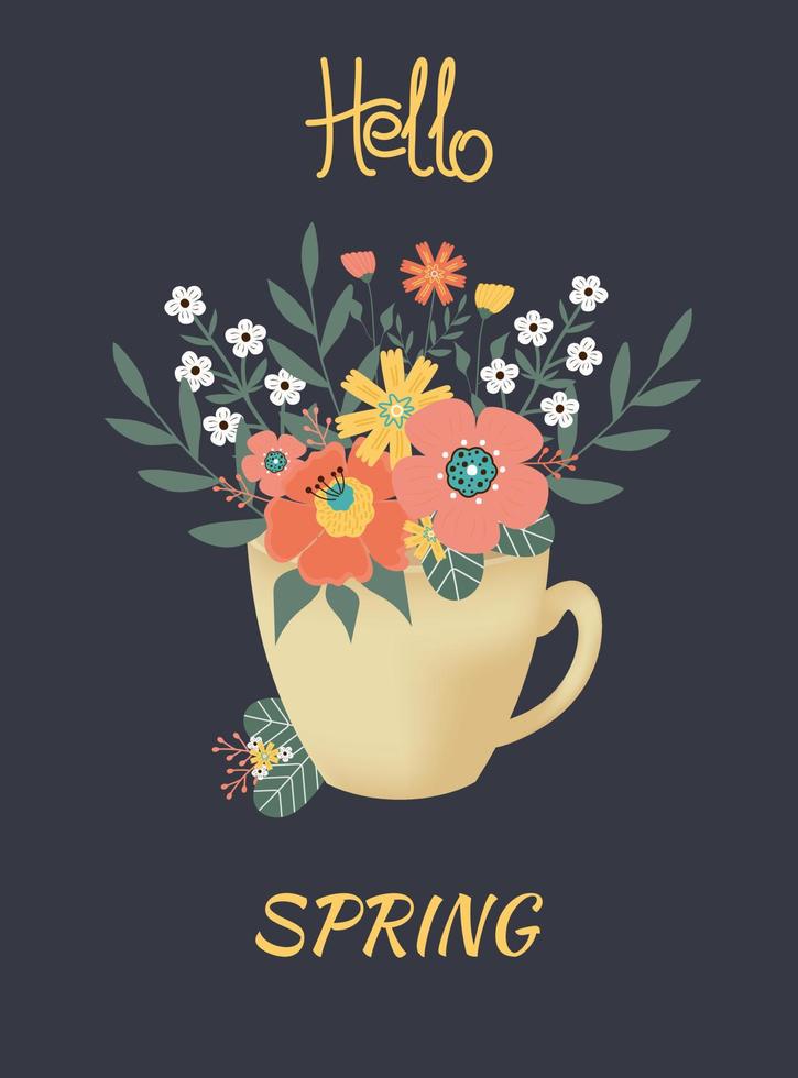 Hello spring. Spring flowers, leaves in cup on dark background. vector