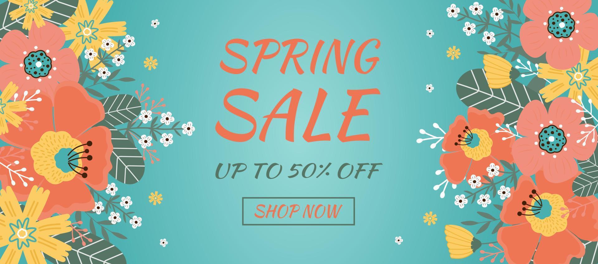 Spring sale banner. Hello spring. Spring flowers, leaves vector