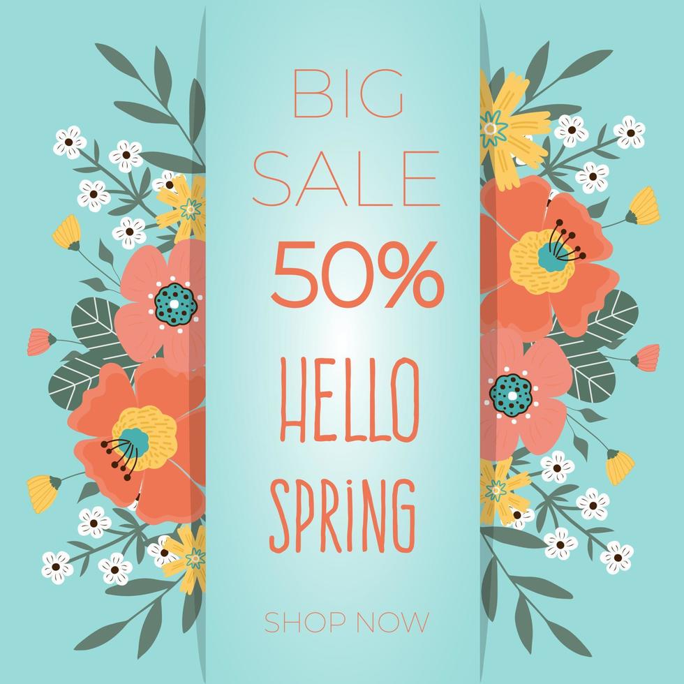 Spring sale banner. Hello spring. Spring flowers, leaves. vector