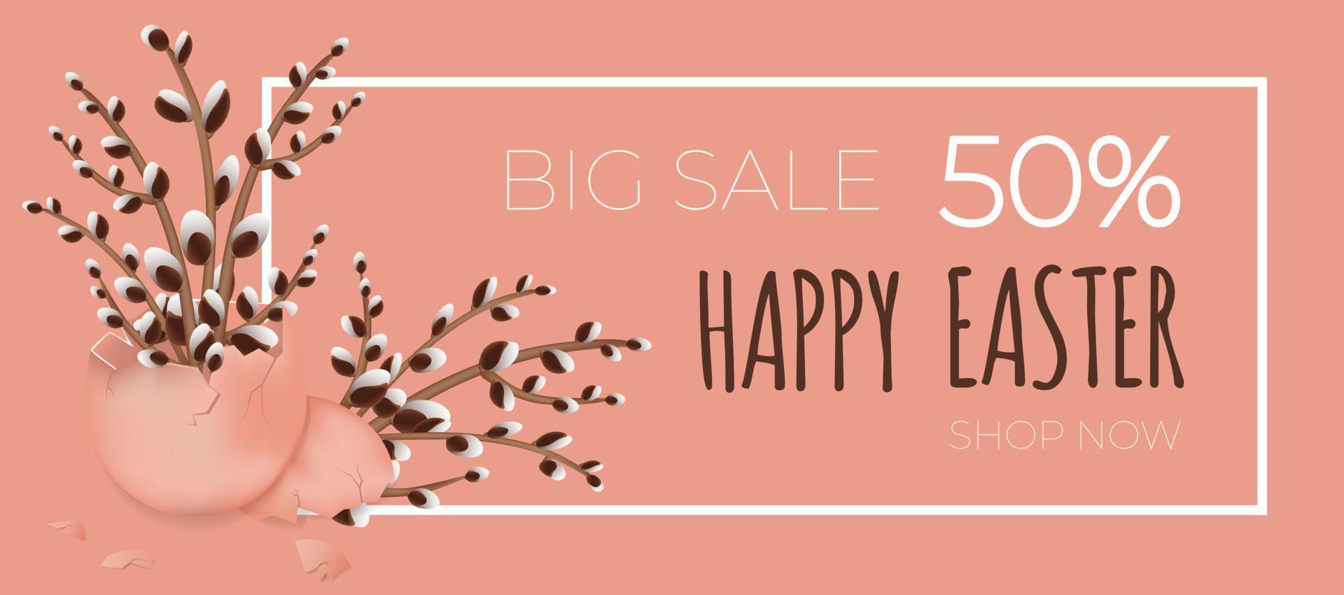 Happy easter sale banner. Willow branches in the easter egg shell on pink background. Can be add text. vector