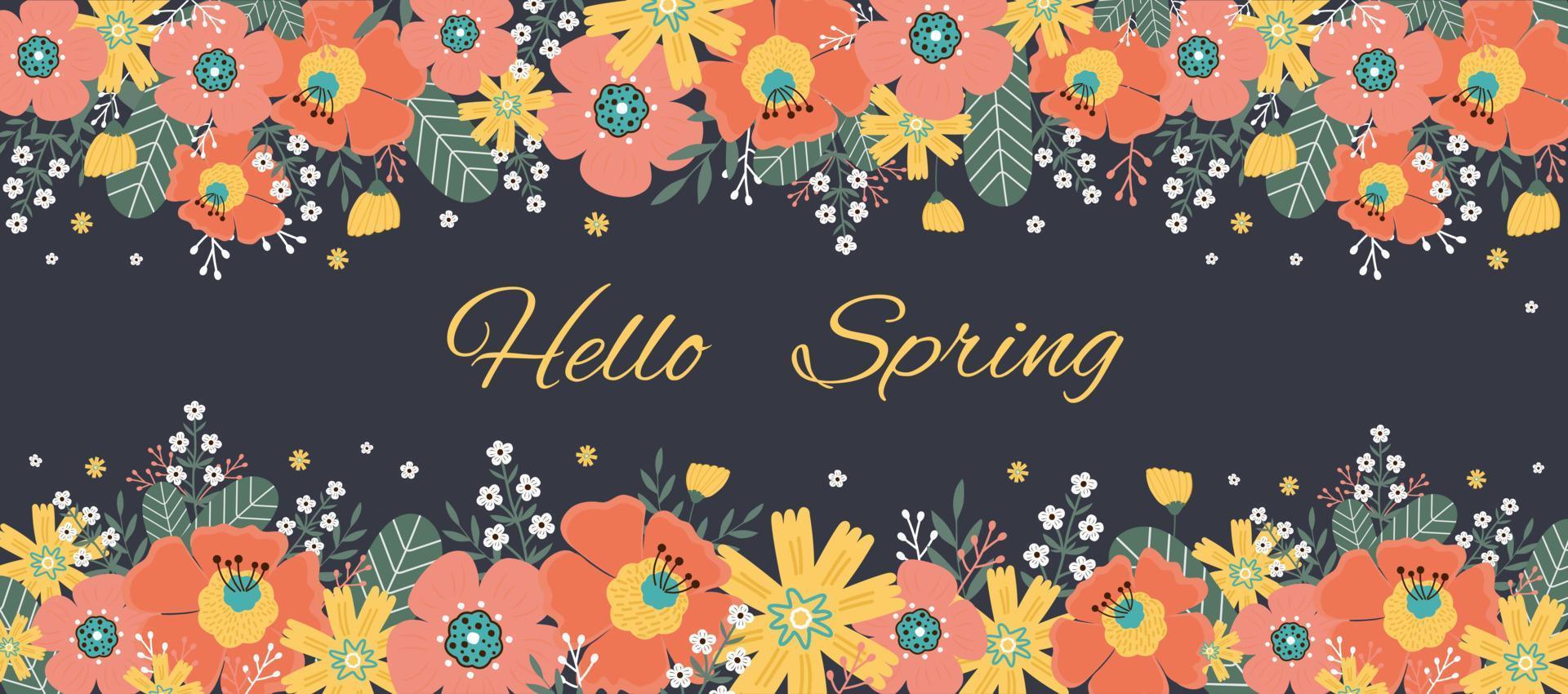 Hello spring. Greeting card with spring flowers, leaves. vector