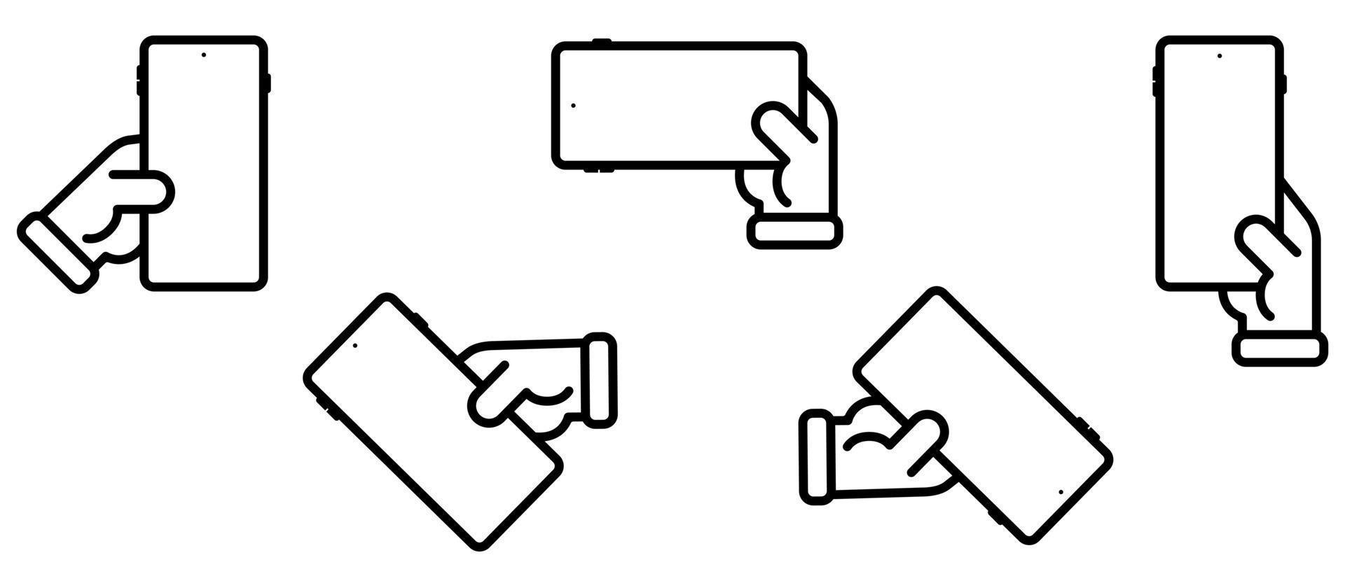 Icon set of a hand holding a cell phone with blank screen in various positions vector
