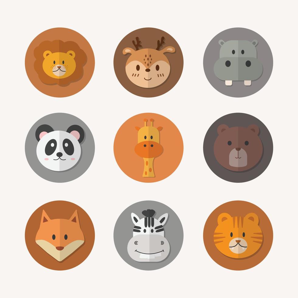 Set of animal circle face. Cute simple animal icon in circle each color. Lion, Deer, Hippopotamus, Panda, Giraffe, Bear, Fox, Zebra and Tiger. vector