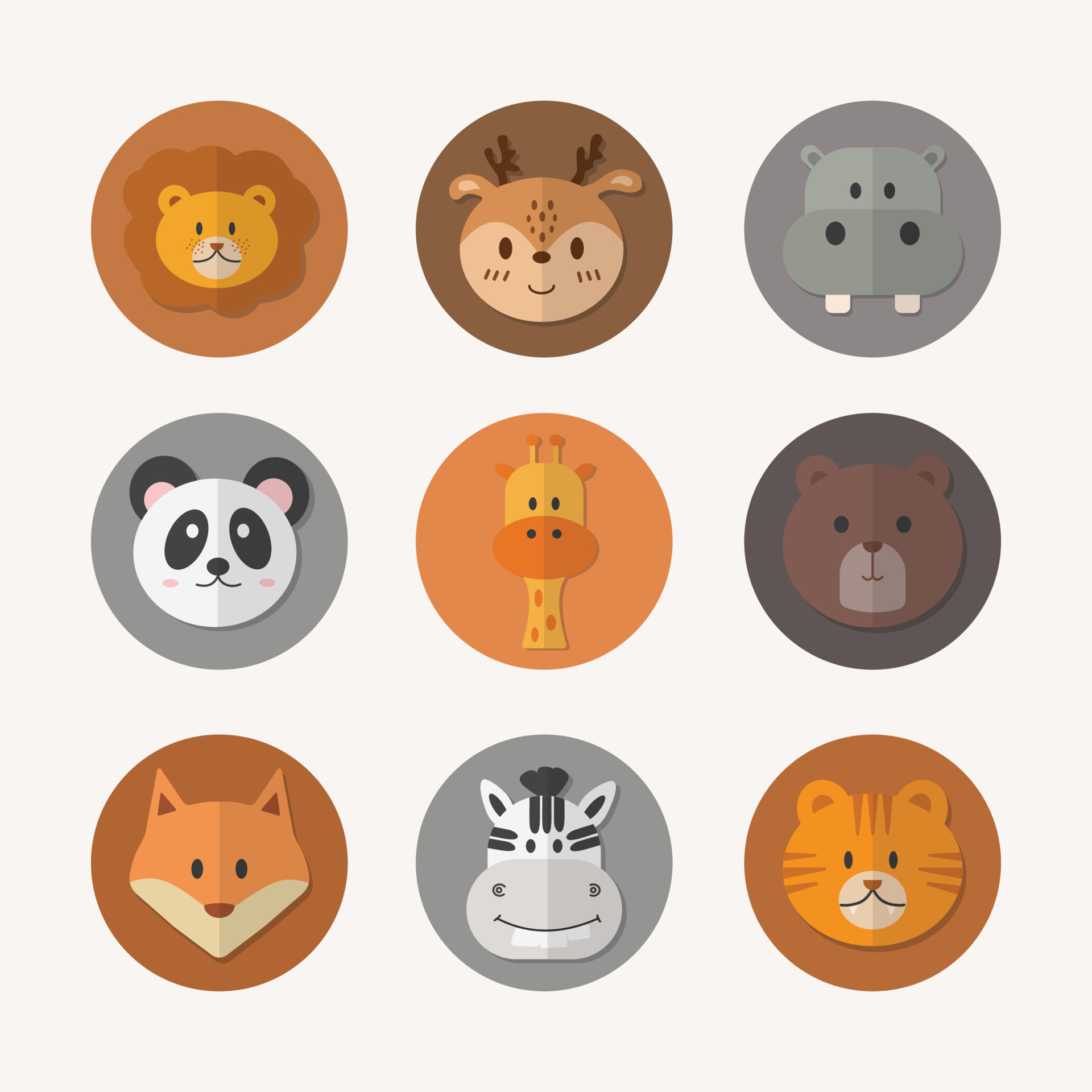 Set of animal circle face. Cute simple animal icon in circle each color