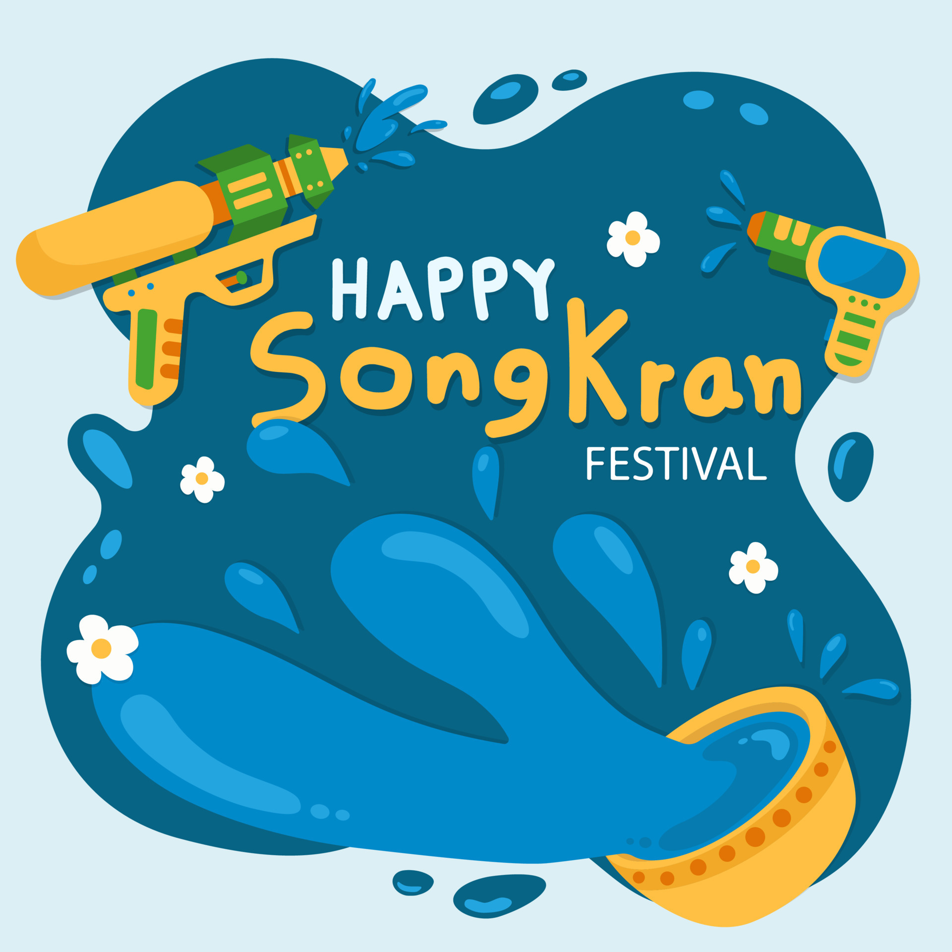 Songkran day, water in bowl water splash and water gun design on blue ...