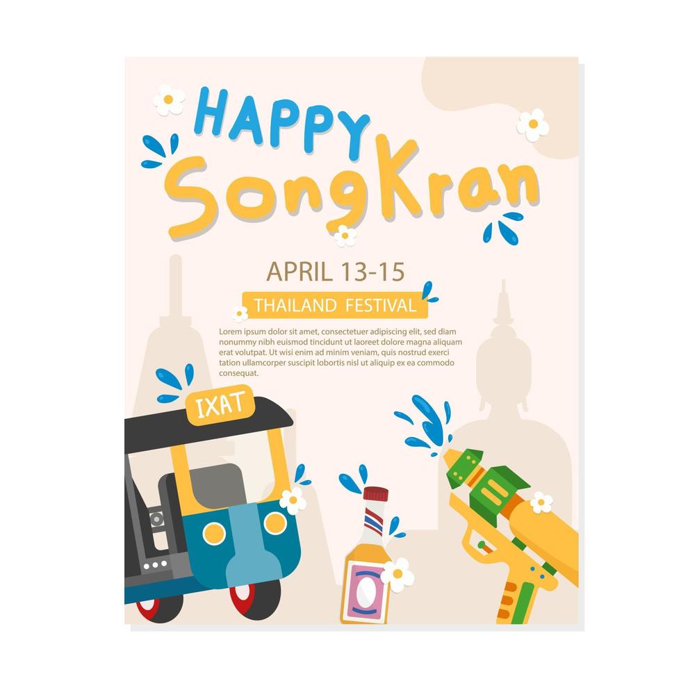 modelo para Songkran festival con tuk tuk, agua pistola y Songkran elementos vector ilustración plano diseño.