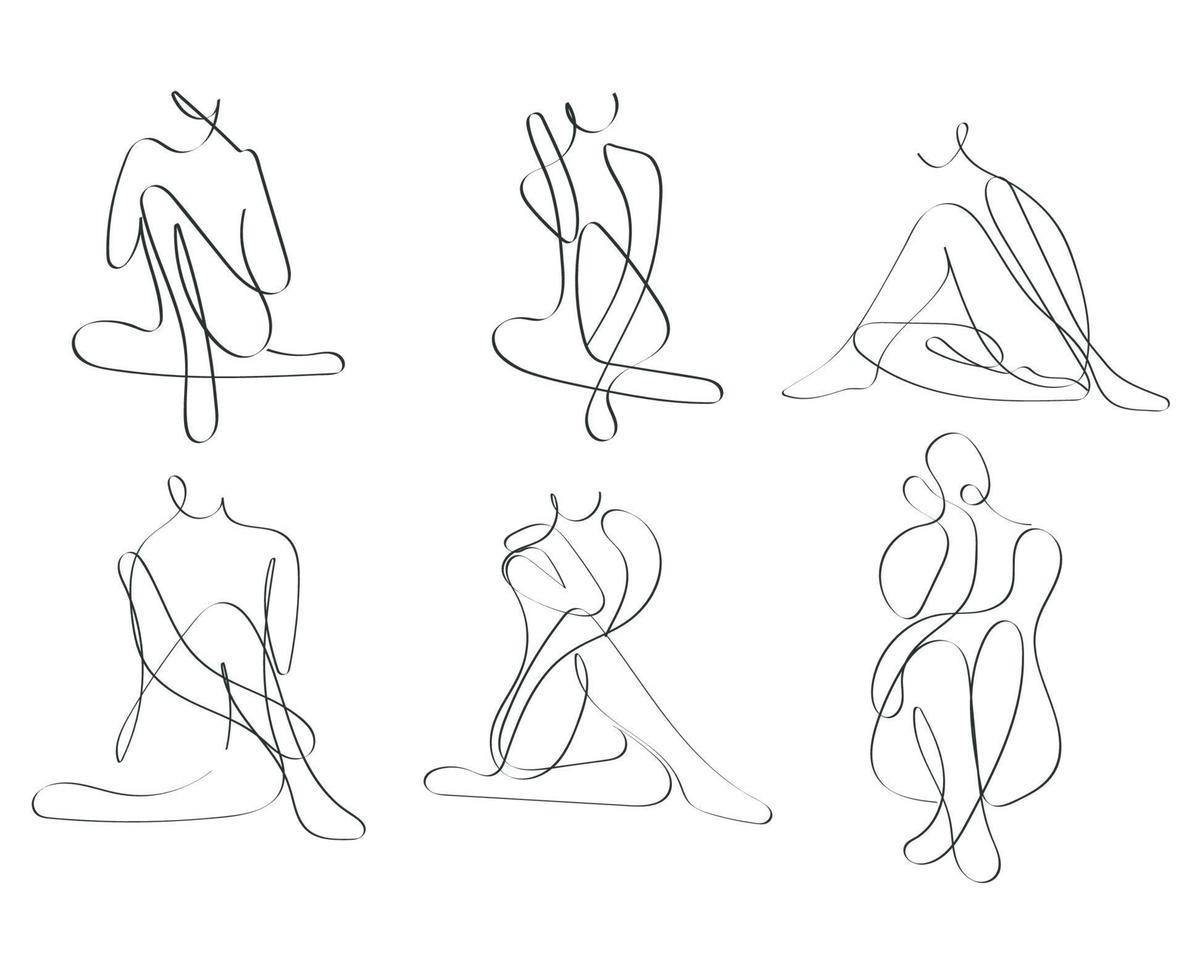 Hand-drawn abstract females figure sitting pose continues line art vector