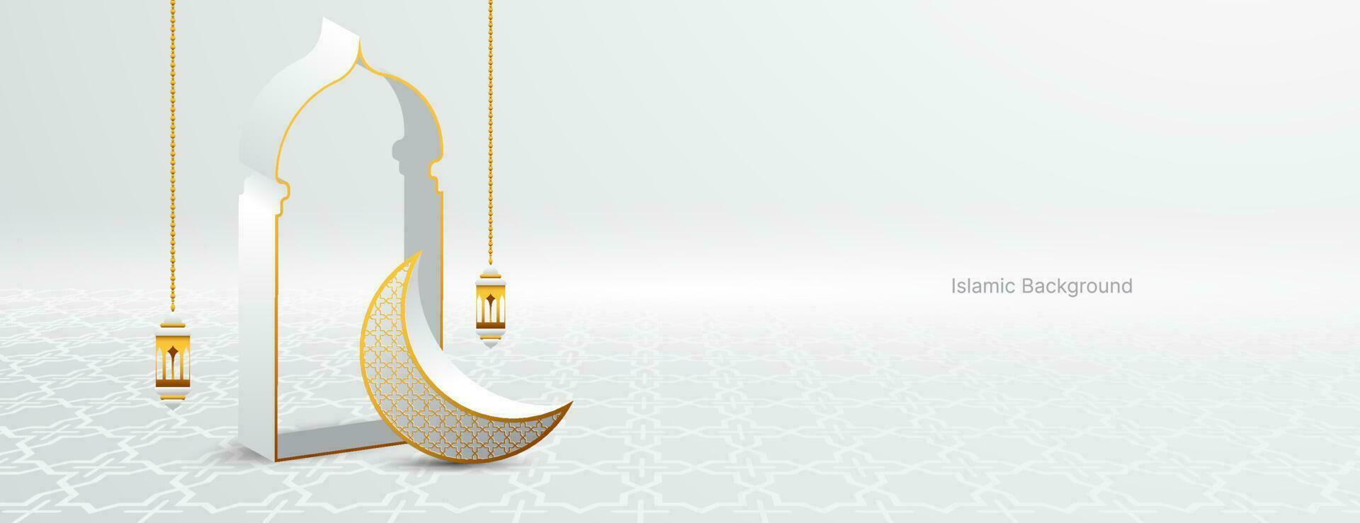 islamic banner background with crescent , lantern and gate in white and gold color. vector illustration