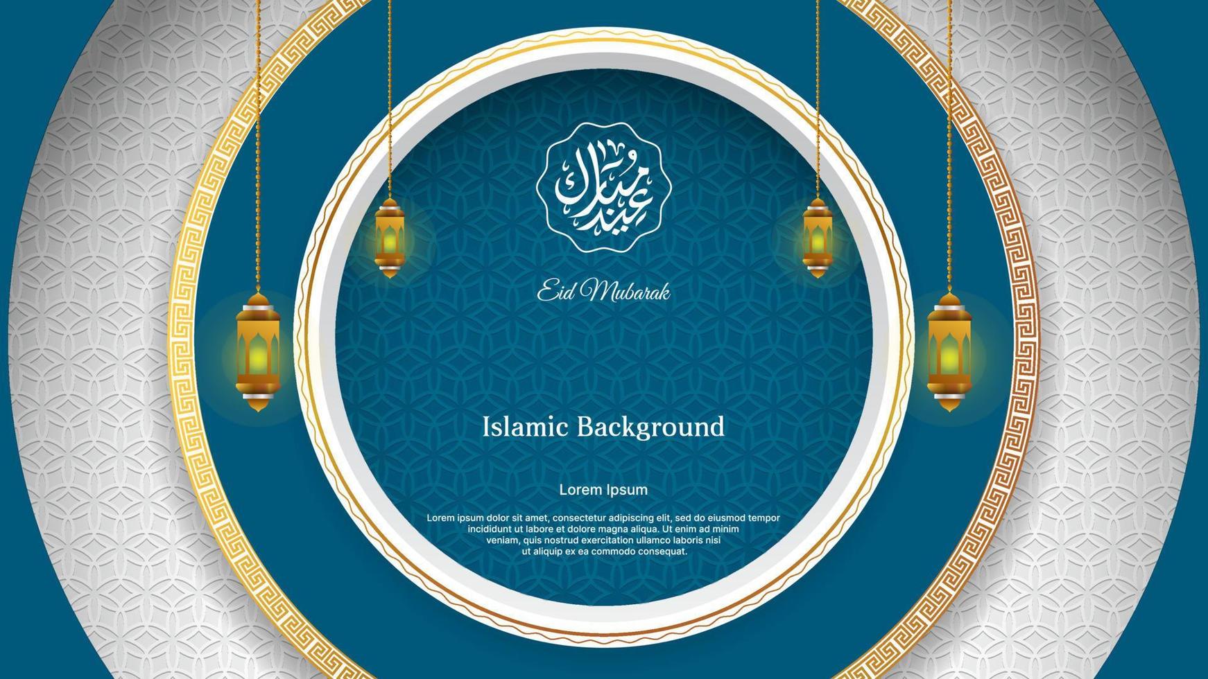 Islamic background design with circular concept for eid mubarak and ramadan kareem. islamic vector design in white, gold and blue color.