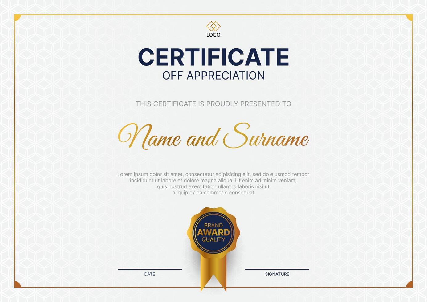 certificate of appreciation template in gold,white and dark blue color.Clean certificate design with golden badge. vector