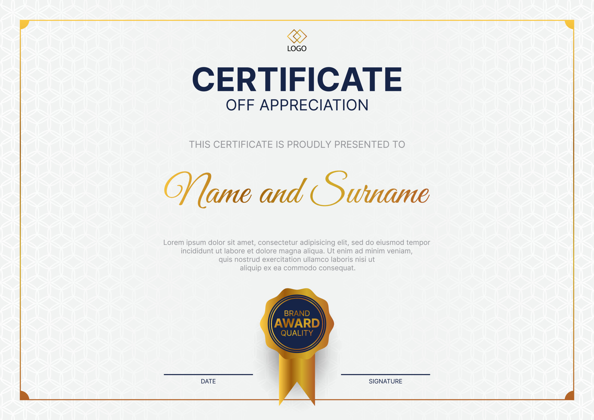 certificate of appreciation template in gold,white and dark blue color ...