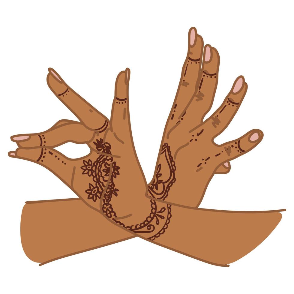 The traditional hand sign of a dancing woman. Indian classical dance Bharatanatyam mudra. Alapadma hasta. Mehendi. Ornate hands with henna. Beautiful hand movement dance. Color vector illustration.