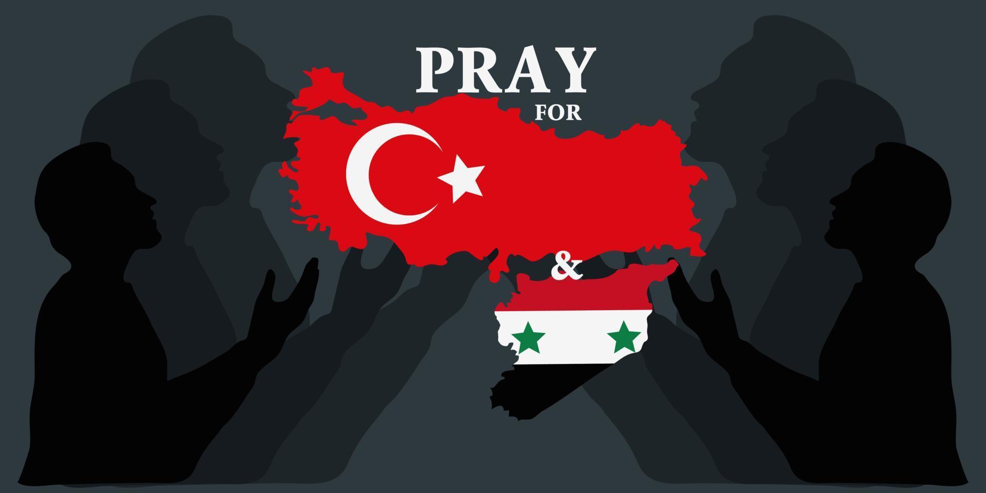 Earthquake in Turkey and Syria. Pray for Turkey and Syria. The central fault line. Help Turkey and Syria. Banner with outlines of countries and flags on the background of praying people. Prayer life vector