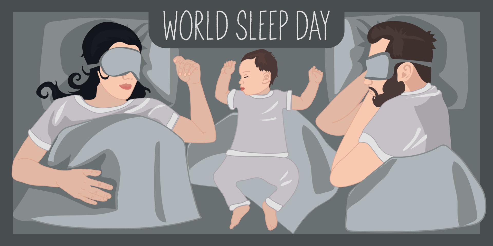 Banner sleeping man, woman and child. A happy young family is fast asleep, they have good dreams. The family is lying in bed under a blanket and fast asleep. Sleep tight, sweet dreams concept. Vector
