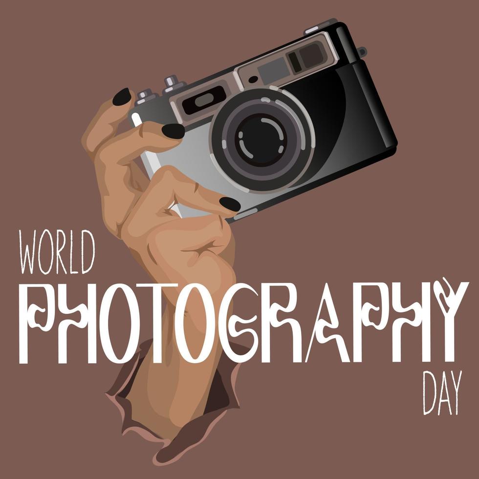 World Photographer's Day. The retro camera is held in the hand on a neutral background. A woman's hand holds a camera. Printing on paper and textiles. Greeting cards for the holiday vector