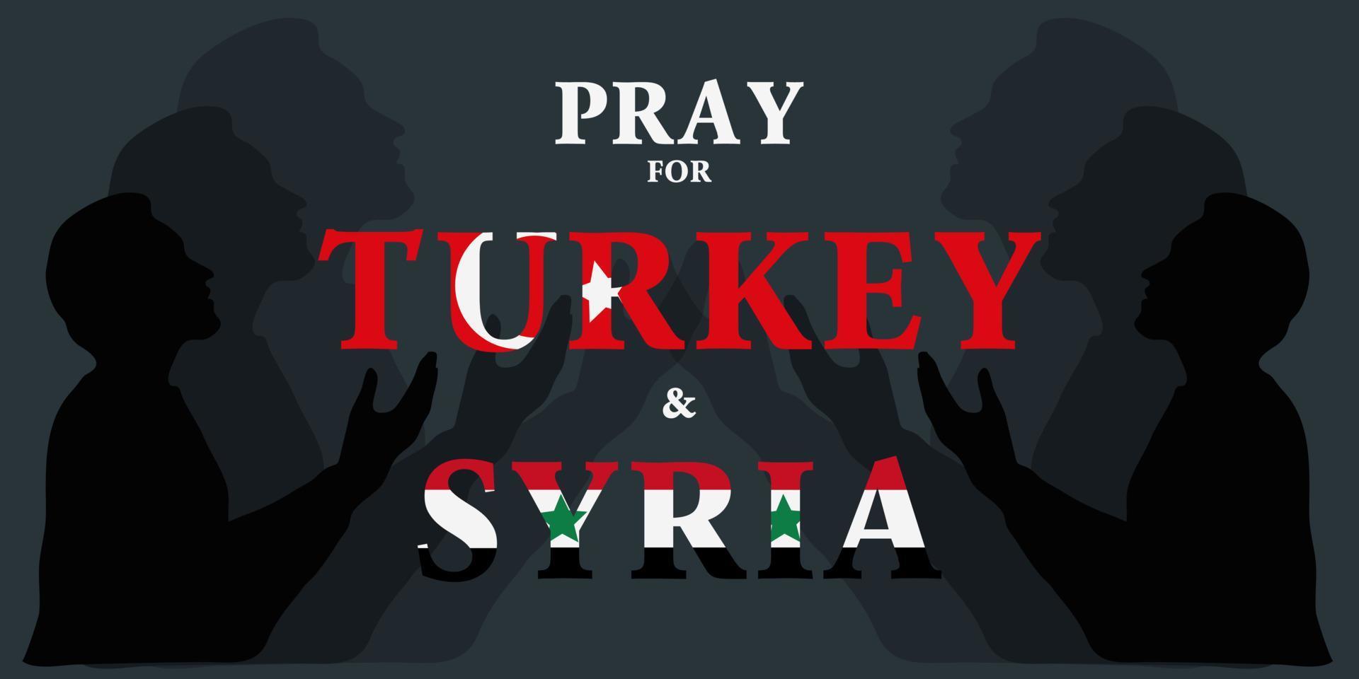 Earthquake in Turkey and Syria. Pray for Turkey and Syria. The central fault line. Help Turkey and Syria. A banner with the names of countries in the coloring of their flags on a dark background. vector