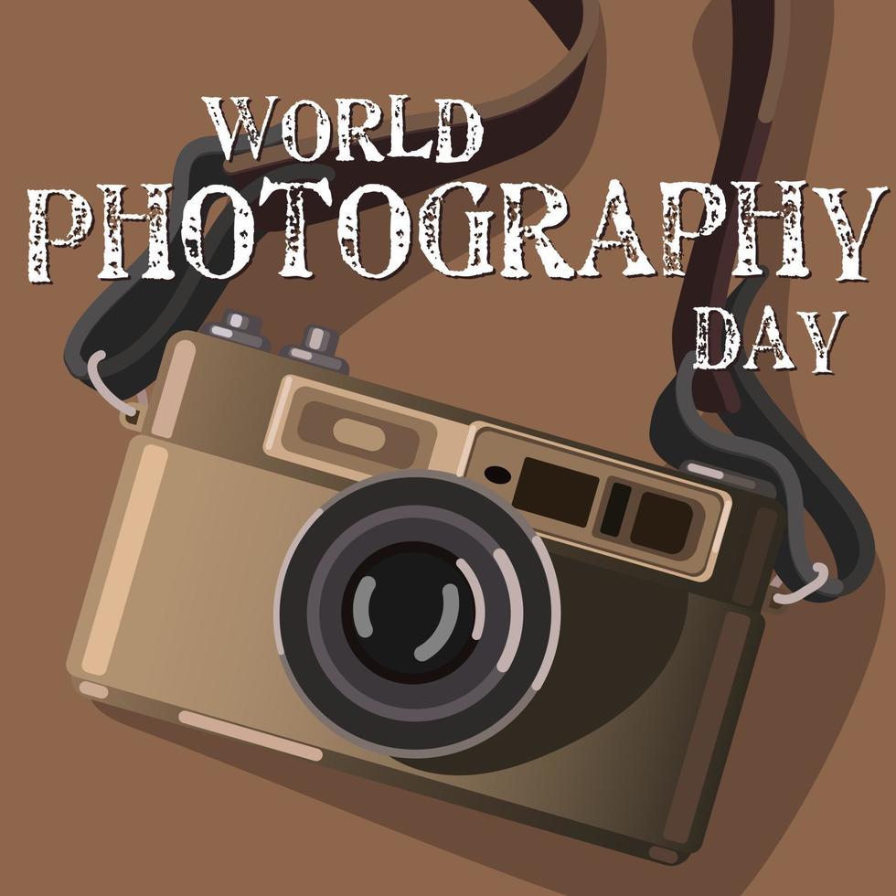 World Photographer's Day. Retro camera on beige background. A holiday in a theme with a text. A camera on a strap. Printing on paper and textiles. Greeting cards for the holiday vector